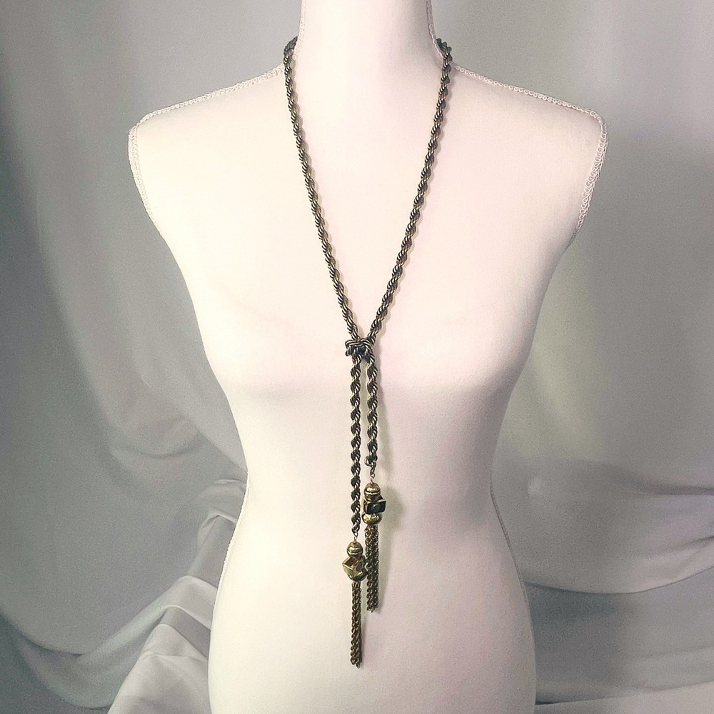 Chicos Twisted Rope Lariat Tassel Necklace Long Antique Gold Tone Opera Length - Picture 8 of 16